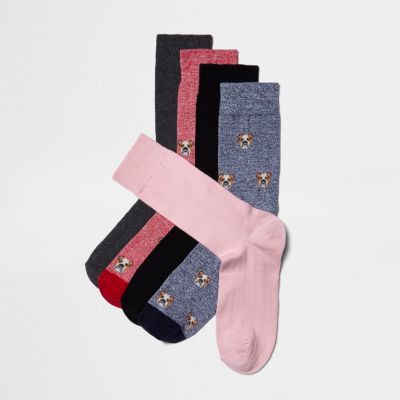 Pink bulldog print socks five pack